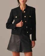 Womens Cropped Tweed Jackets Collarless Button Down Business Blazer Casual Outfits with Pockets