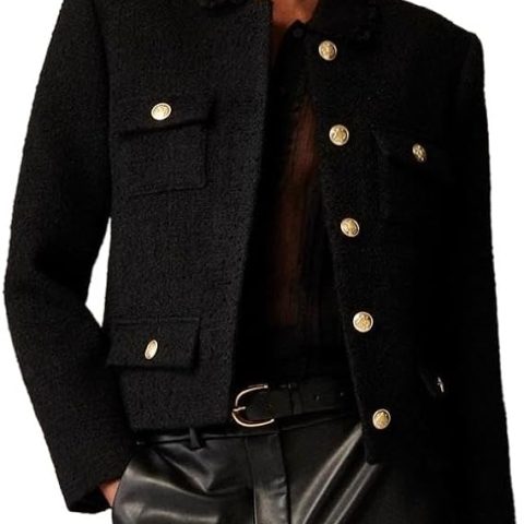 Womens Cropped Tweed Jackets Collarless Button Down Business Blazer Casual Outfits with Pockets