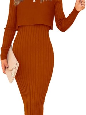 Women's Long Sleeve Sweater Dresses 2 Piece Outfits Sets Ribbed Knit Crop Tops and Tank Bodycon Midi Dress