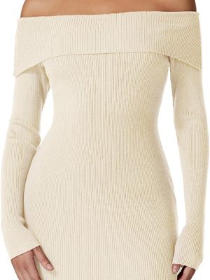Women's Off The Shoulder Ribbed Knit Sweater Dress Folded Neck Long Sleeve Mini Dress  Trendy Fall Outfits