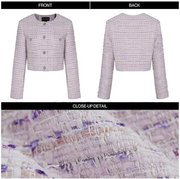 Women's Long Sleeve Cropped Tweed Jacket with Pocket Button Slim Fit Work Office Short Tweed Blazer
