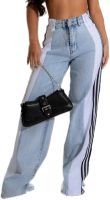 Women’s Jeans with Patchwork Stripes High Waist Loose Denim Color Block Jean Straight Wide Leg Pants