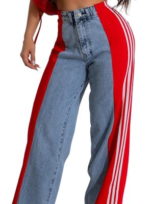 Women’s Jeans with Patchwork Stripes High Waist Loose Denim Color Block Jean Straight Wide Leg Pants