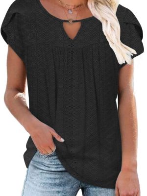 Women's Casual Dressy Short Petal Sleeve Shirts Pleated Fashion Front Key Hole Scoop Neck Floral Print Loose Fit Tops