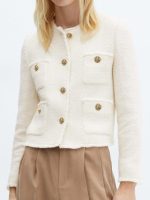 Womens Cropped Tweed Blazer Collarless Casual Business Suit Jacket Fall Elegant Outerwear