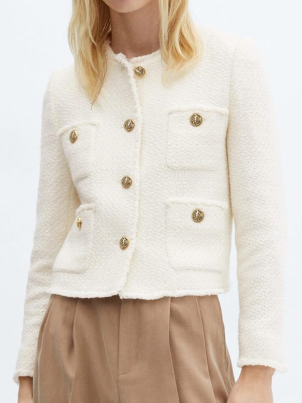 Womens Cropped Tweed Blazer Collarless Casual Business Suit Jacket Fall Elegant Outerwear