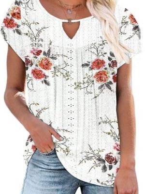 Women's Casual Dressy Short Petal Sleeve Shirts Pleated Fashion Front Key Hole Scoop Neck Floral Print Loose Fit Tops