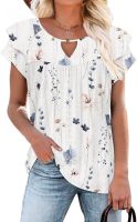 Women's Casual Dressy Short Petal Sleeve Shirts Pleated Fashion Front Key Hole Scoop Neck Floral Print Loose Fit Tops