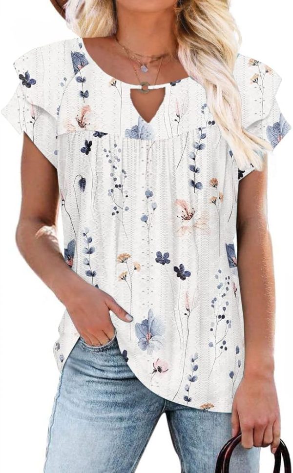 Women's Casual Dressy Short Petal Sleeve Shirts Pleated Fashion Front Key Hole Scoop Neck Floral Print Loose Fit Tops