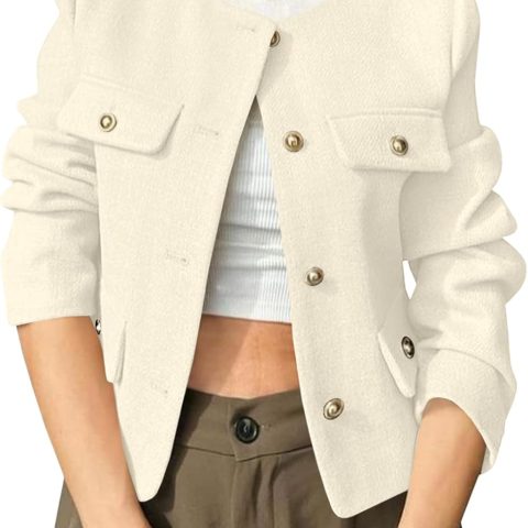 Womens Cropped Tweed Blazers Jacket Collarless Button Down Business Casual  Fall Outfits Winter Coats
