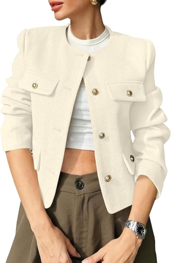 Womens Cropped Tweed Blazers Jacket Collarless Button Down Business Casual  Fall Outfits Winter Coats