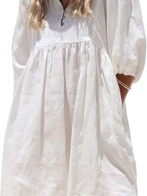 Women Summer Puff Sleeve Cotton Tunic Dress V-Neck Mini Vacation Babydoll Dress