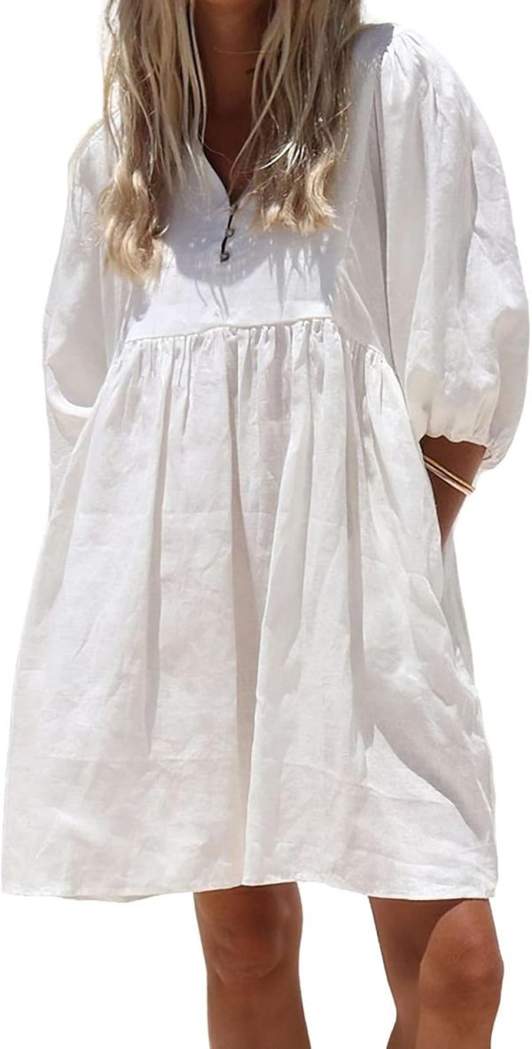 Women Summer Puff Sleeve Cotton Tunic Dress V-Neck Mini Vacation Babydoll Dress