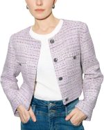 Women's Long Sleeve Cropped Tweed Jacket with Pocket Button Slim Fit Work Office Short Tweed Blazer