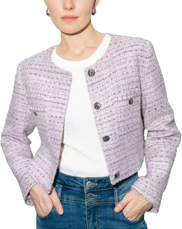 Women's Long Sleeve Cropped Tweed Jacket with Pocket Button Slim Fit Work Office Short Tweed Blazer