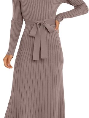 Womens Long Sleeve Fall Dress  V Neck A-line Tie Waist Ribbed Knit Bodycon Midi Sweater Dresses