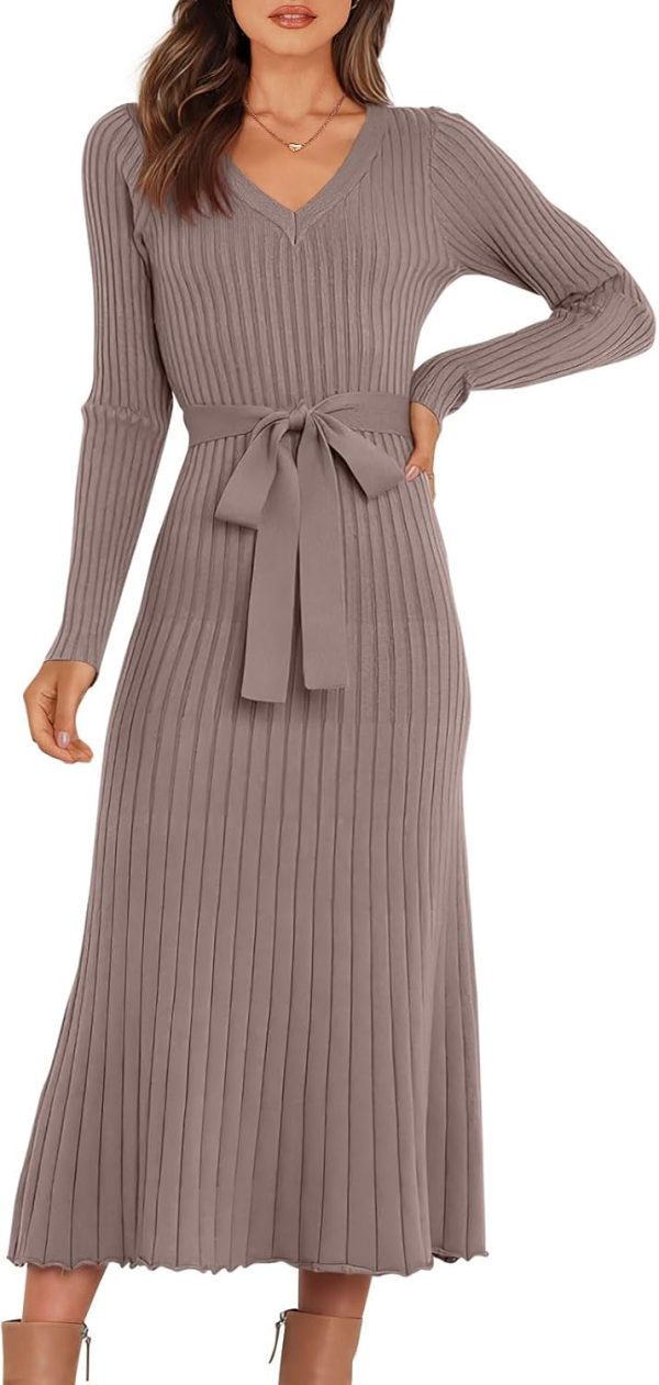 Womens Long Sleeve Fall Dress  V Neck A-line Tie Waist Ribbed Knit Bodycon Midi Sweater Dresses