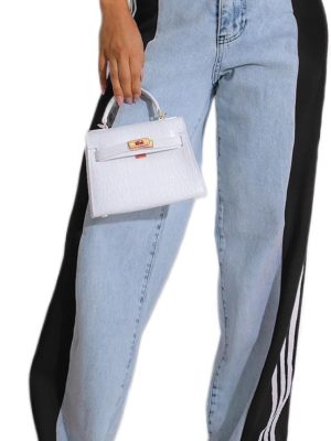 Women’s Jeans with Patchwork Stripes High Waist Loose Denim Color Block Jean Straight Wide Leg Pants