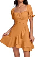 Women Square Neck Ruffle Wrap Mini Dress Off Shoulder Flounce Short Sleeve A Line Flowy Dress