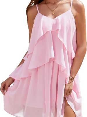 Women Cocktail Ruffle Tiered Dresses, Summer Beach Wedding Guest Chiffon Aline Mini Sundress