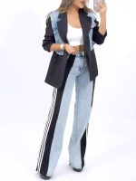 Women’s Jeans with Patchwork Stripes High Waist Loose Denim Color Block Jean Straight Wide Leg Pants