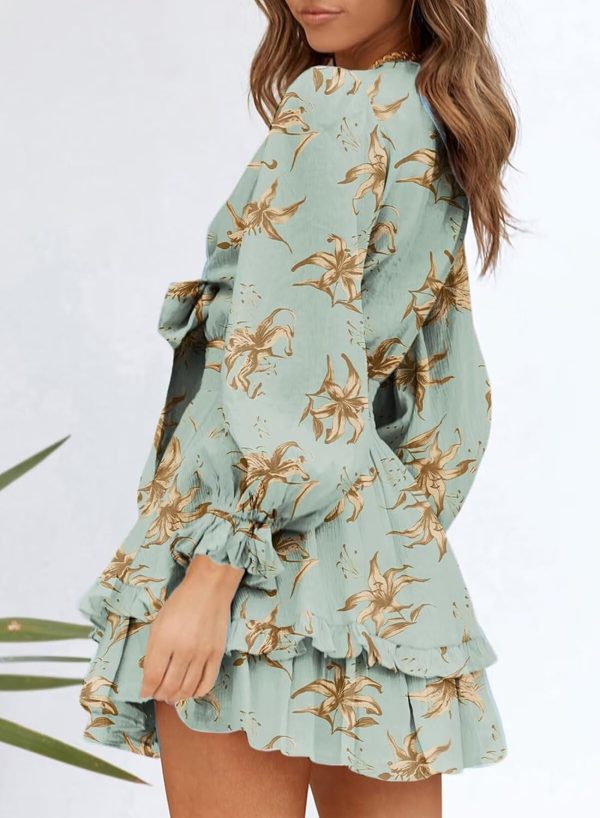 Women Casual Spring Summer  Deep V Neck Knotted Tiered Chiffon Elegant Mini Short Swing Skater Dresses