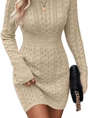Women's Cable Knit Sweater Dress Long Sleeve Knit Fall Winter Dresses Crewneck Mini Pencil Dresses