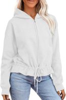 Women's Drawstring Waist Full Zip Hoodies Long Sleeve Cropped Casual Sweatshirts Jacket Lightweight Hooded Cardigan