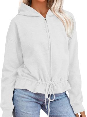 Women's Drawstring Waist Full Zip Hoodies Long Sleeve Cropped Casual Sweatshirts Jacket Lightweight Hooded Cardigan