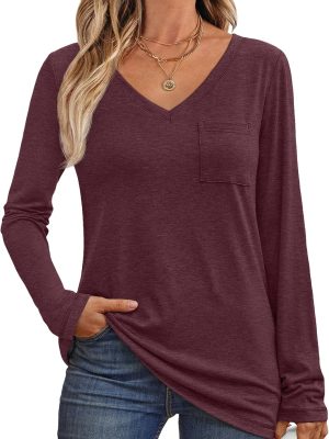 Women's Long Sleeve Shirts V Neck Casual Tops with Pockets Loose Dressy Basic Fall Outfits Clothes Winter Trendy