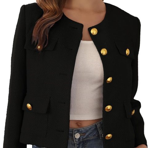 Women Tweed Jacket Cropped Blazers Fall Winter Elegant Round Neck Pockets Business Casual Outfit