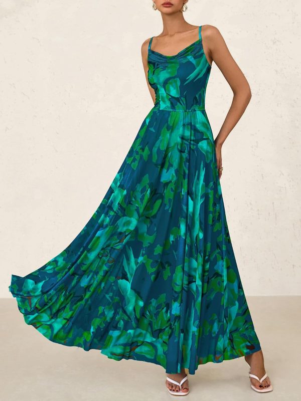 Women Summer Floral Maxi Dresses Elegant Spaghetti Strap Dress Printed Party Dress Beach Long Dresses