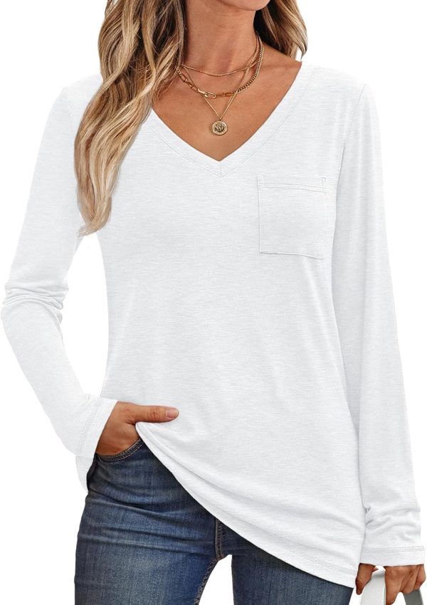 Women's Long Sleeve Shirts V Neck Casual Tops with Pockets Loose Dressy Basic Fall Outfits Clothes Winter Trendy