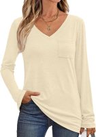 Women's Long Sleeve Shirts V Neck Casual Tops with Pockets Loose Dressy Basic Fall Outfits Clothes Winter Trendy