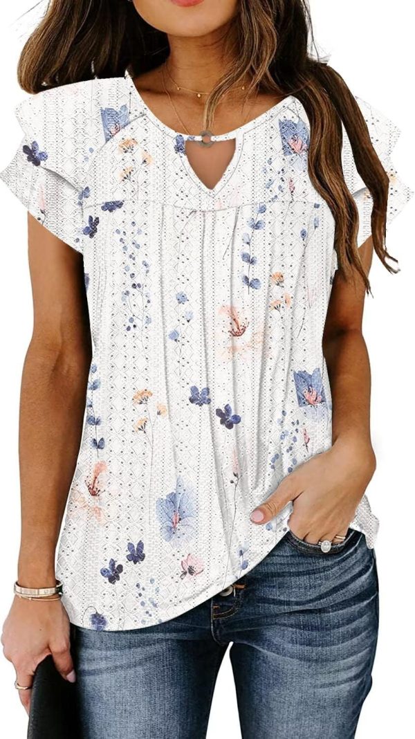 Women's Casual Dressy Short Petal Sleeve Shirts Pleated Fashion Front Key Hole Scoop Neck Floral Print Loose Fit Tops