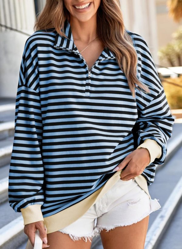Oversized Sweatshirt for Women  Fall Outfits Fashion Long Sleeve Shirts Striped Quarter Zip Pullover Tops