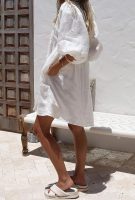 Women Summer Puff Sleeve Cotton Tunic Dress V-Neck Mini Vacation Babydoll Dress