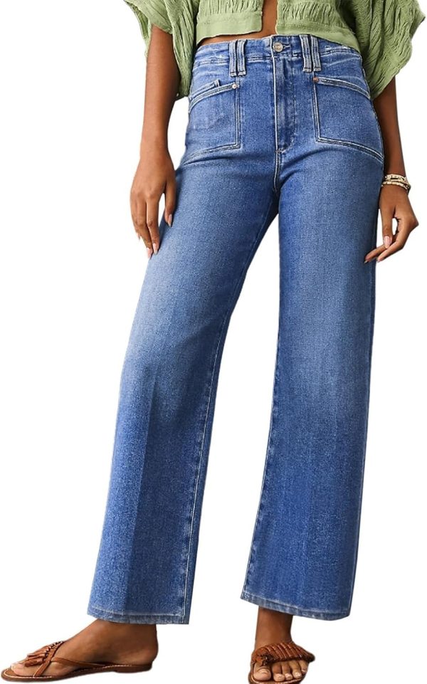 Womens Wide Leg Jeans High Waisted Stretchy Buttoned Denim Pants Trendy  with Pocket