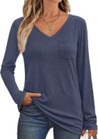 Women's Long Sleeve Shirts V Neck Casual Tops with Pockets Loose Dressy Basic Fall Outfits Clothes Winter Trendy