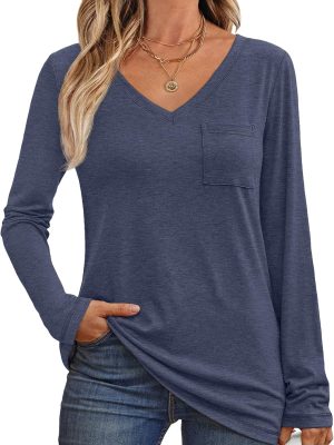 Women's Long Sleeve Shirts V Neck Casual Tops with Pockets Loose Dressy Basic Fall Outfits Clothes Winter Trendy