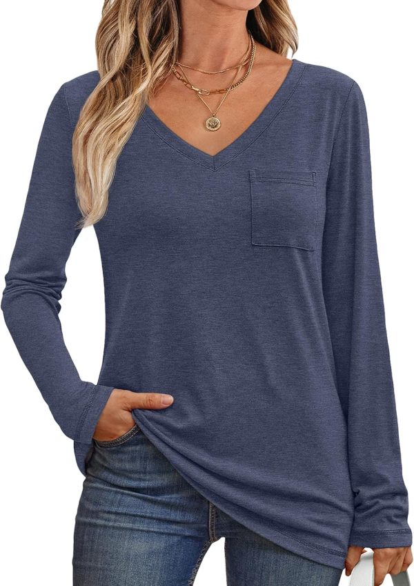Women's Long Sleeve Shirts V Neck Casual Tops with Pockets Loose Dressy Basic Fall Outfits Clothes Winter Trendy