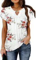 Women's Casual Dressy Short Petal Sleeve Shirts Pleated Fashion Front Key Hole Scoop Neck Floral Print Loose Fit Tops