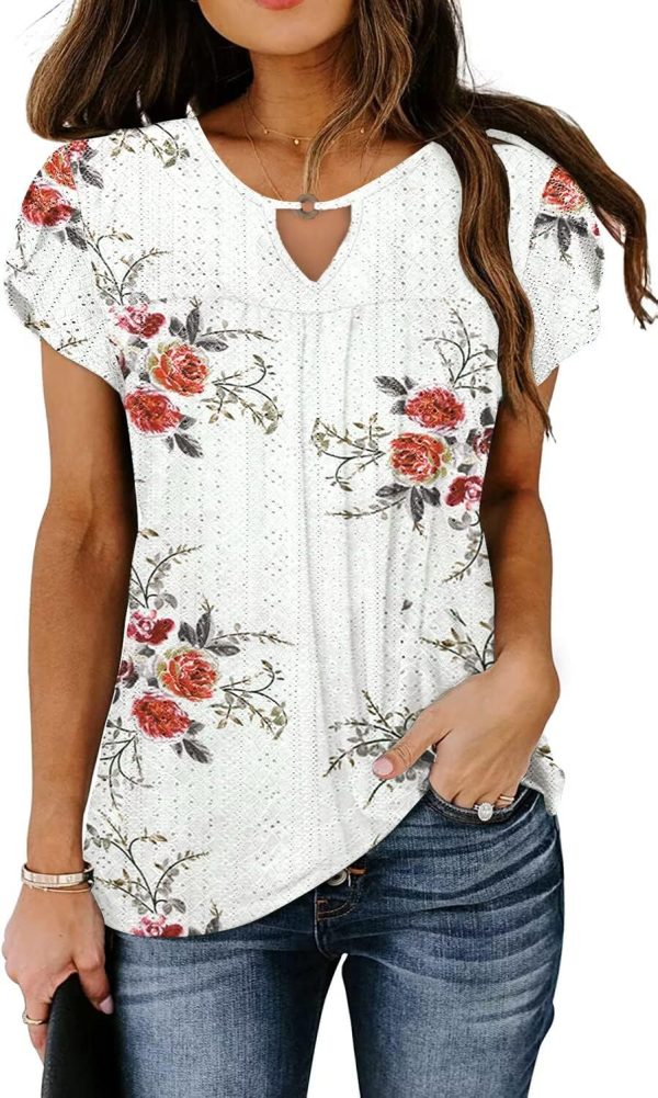 Women's Casual Dressy Short Petal Sleeve Shirts Pleated Fashion Front Key Hole Scoop Neck Floral Print Loose Fit Tops