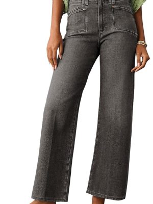 Womens Wide Leg Jeans High Waisted Stretchy Buttoned Denim Pants Trendy  with Pocket