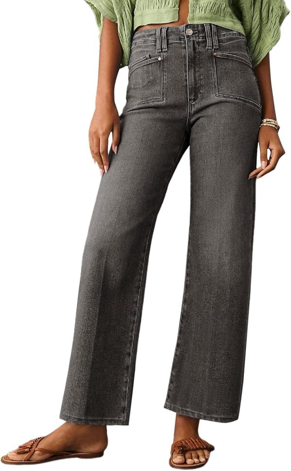 Womens Wide Leg Jeans High Waisted Stretchy Buttoned Denim Pants Trendy  with Pocket
