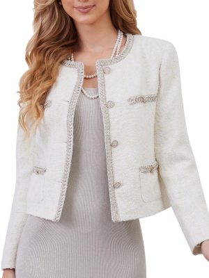 Womens Tweed Cardigan Blazer Jacket, Cropped Long Sleeve Blazers with Pockets Crewneck Open Front Collarless