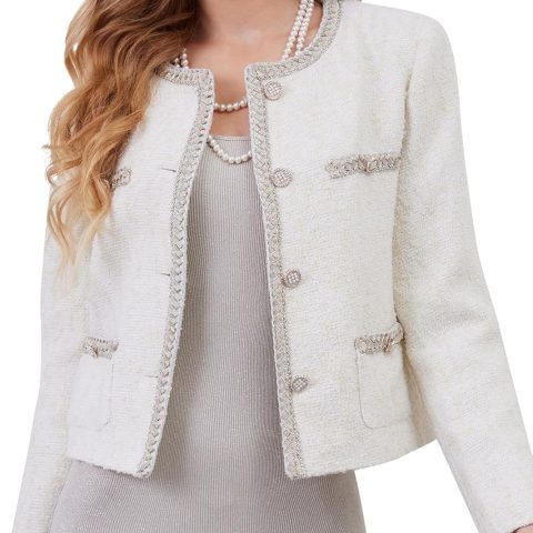 Womens Tweed Cardigan Blazer Jacket, Cropped Long Sleeve Blazers with Pockets Crewneck Open Front Collarless