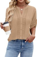 Women's Button Down Shirts Lace Crochet Dressy Casual Tops 3/4 Sleeve Work Summer Outfits