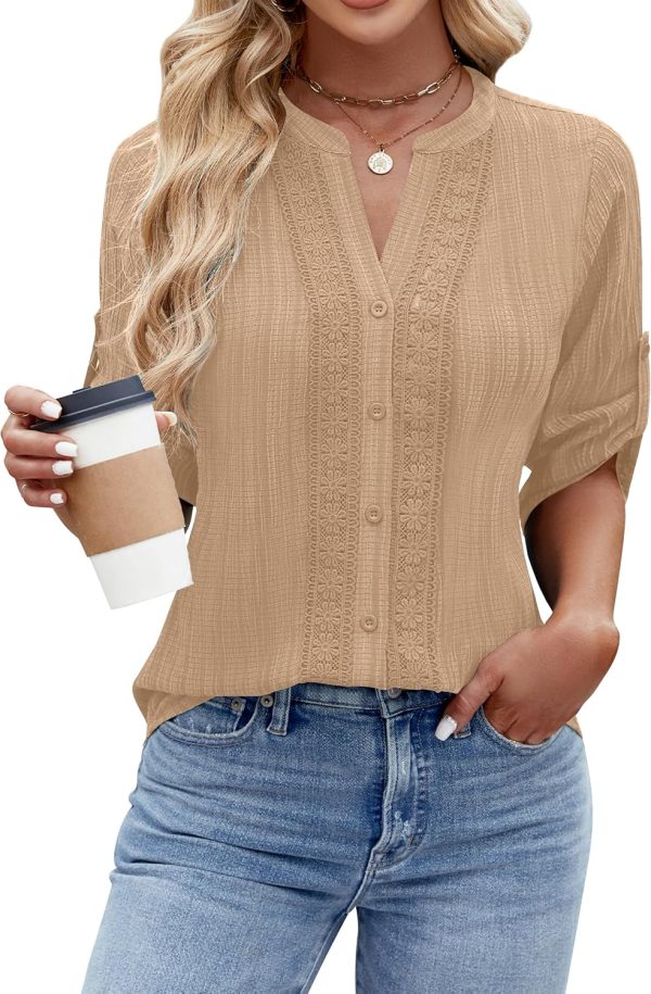 Women's Button Down Shirts Lace Crochet Dressy Casual Tops 3/4 Sleeve Work Summer Outfits