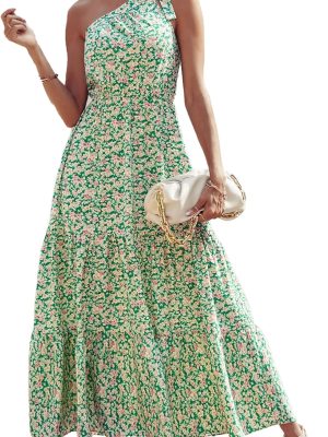 Women Summer Floral One Shoulder Maxi Dress Knot Ruffle Boho Beach Vacation Wedding Guest Long Dresses